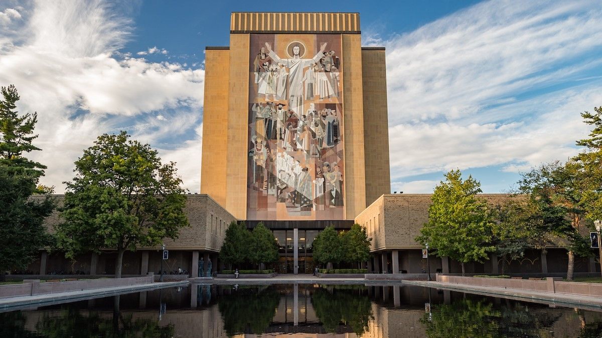 A scene that depicts Hesburgh Library